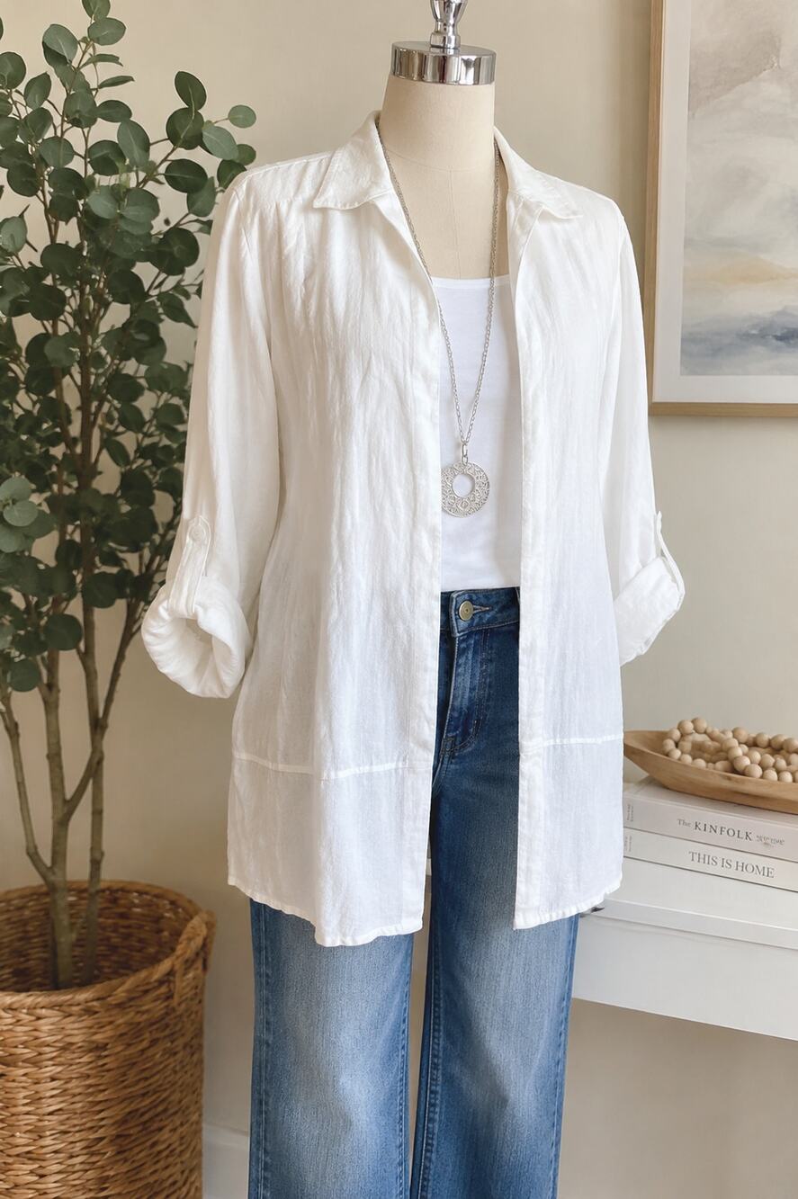 Easy Wear by Chico's Ivory Lightweight Open Front Jacket Roll Tab Sleeve,3 (XL)